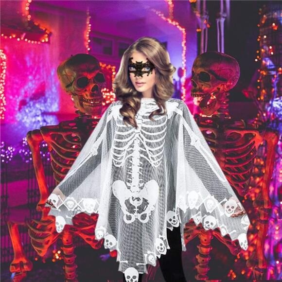 Women's Skeleton Cape Poncho Costume with Masquerade Mask for Halloween - Picture 3 of 7